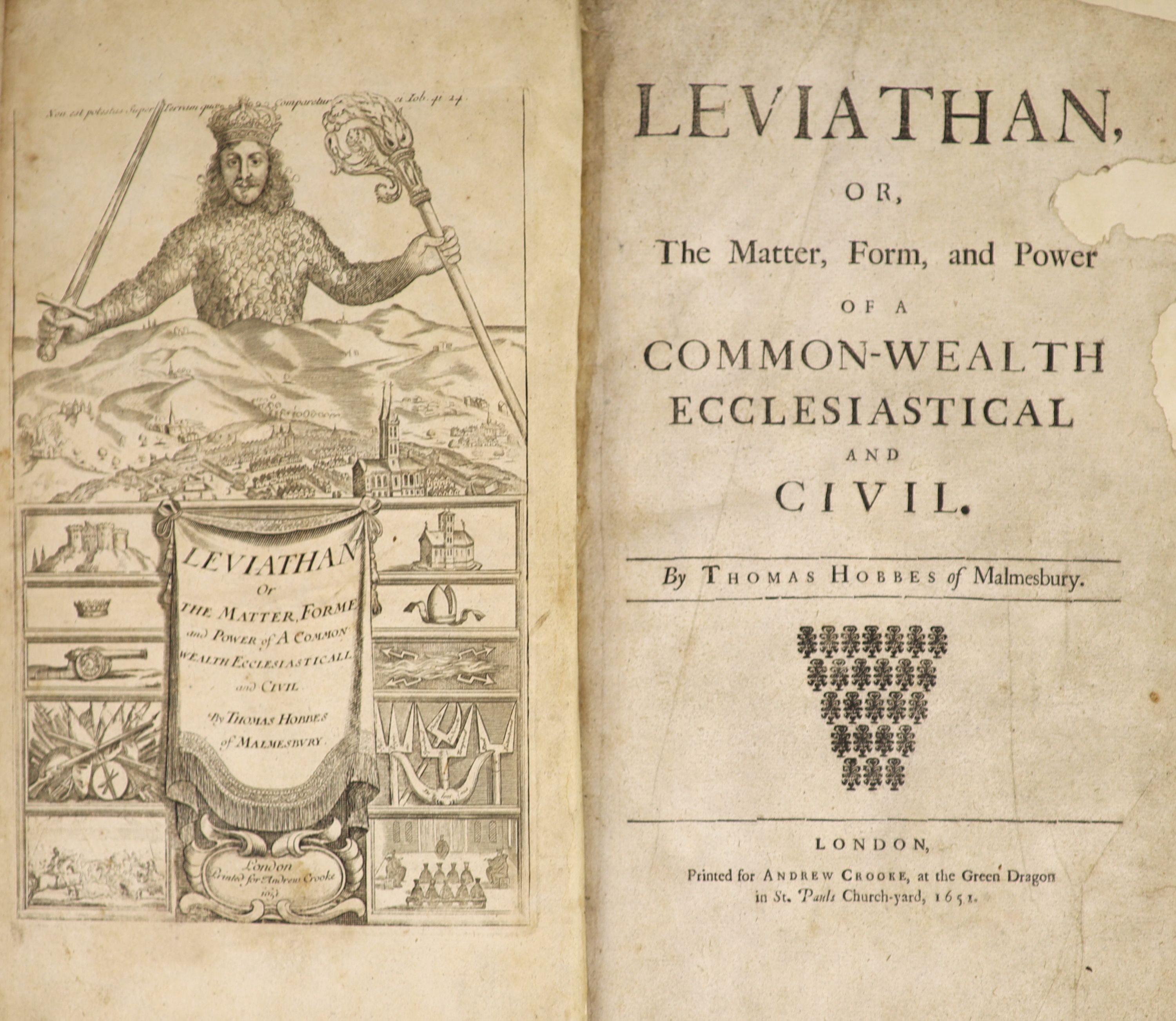 Hobbes, Thomas of Malmesbury - Leviathan, or The Matter, Form, and Power of A Commonwealth Ecclesiastical and Civil, 3rd edition (with upside triangle of 25 devices grouped in 5 rows on title), folio, contemporary calf,
